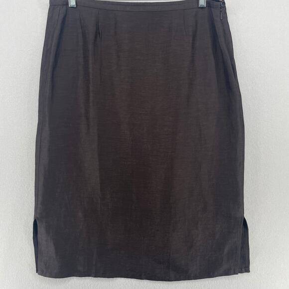 EILEEN FISHER Skirt M Linen Silk A-line Knee Length Slit Side Zip Brown - Picture 2 of 14
